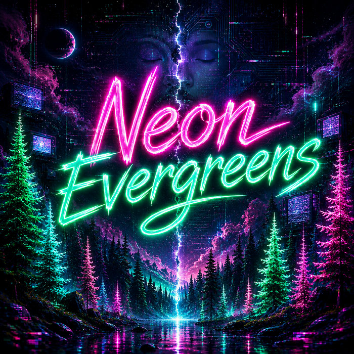 Neon Evergreens cover: electric pink lettering above a luminous evergreen forest